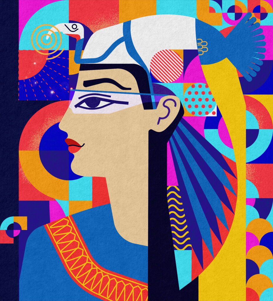 ancient-egyptian-queen-reimagined-vibrant-geometric-art-with-modern-tech-elements